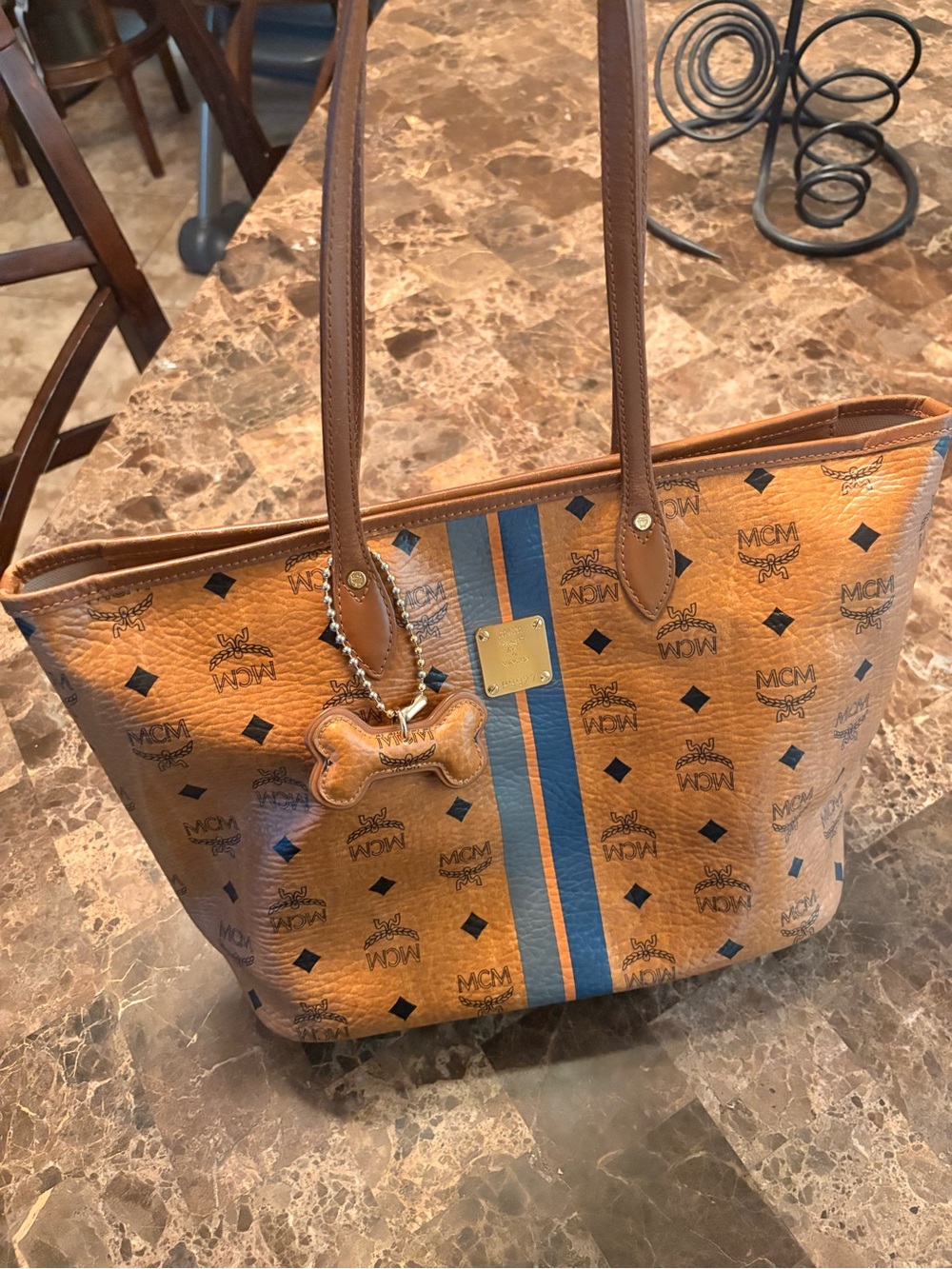 MCM Cognac Tote with Blue Stripe and Gold Plaque